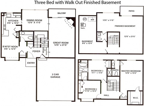 Floor plan for 3 beds, 3 baths, 2400 sqft